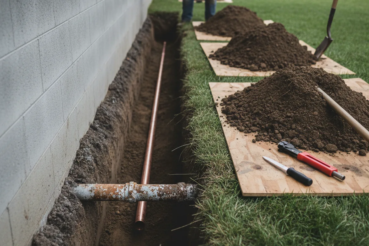 Excavated water line trench during Water Softener Installation in London